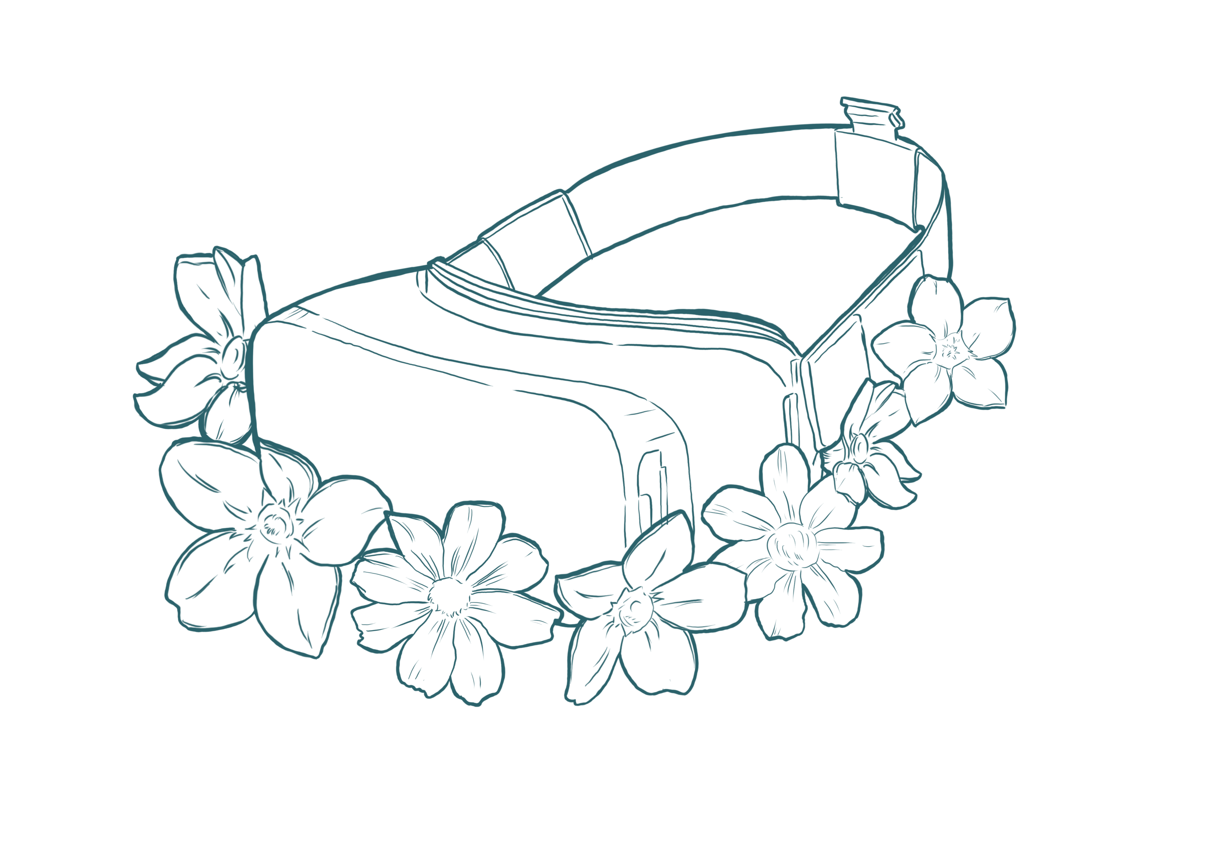 Illustration de casques de Réalité Augmentée entourée de fleurs. 